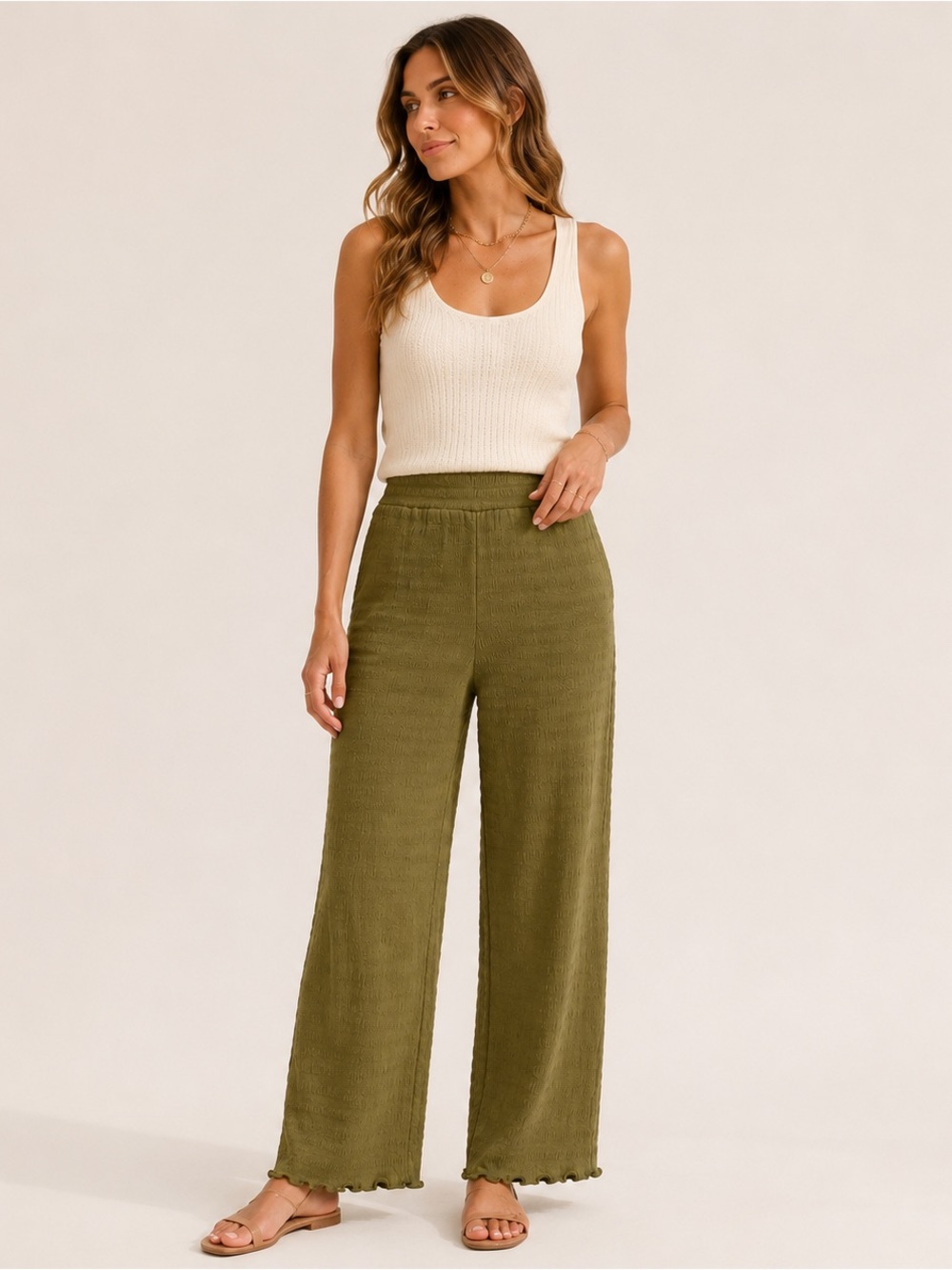 Le Lis Olive Wide-Leg Textured Pants